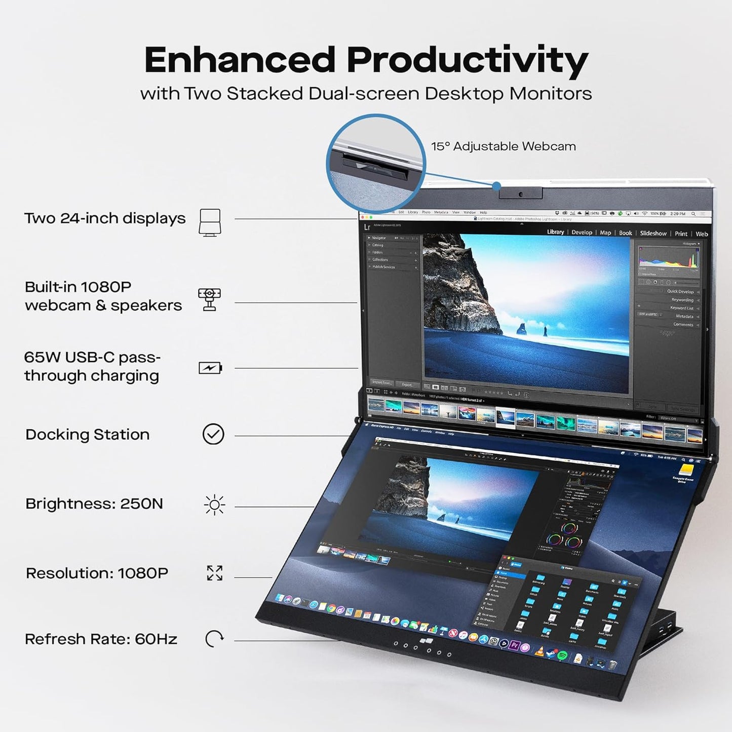 24-inch dual screen overlay, 65W charging, 1080P camera, ergonomic design