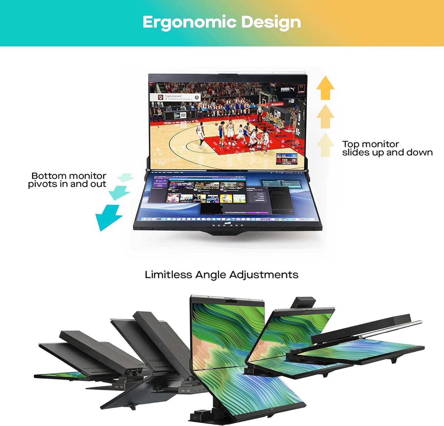 24-inch dual screen overlay, 65W charging, 1080P camera, ergonomic design